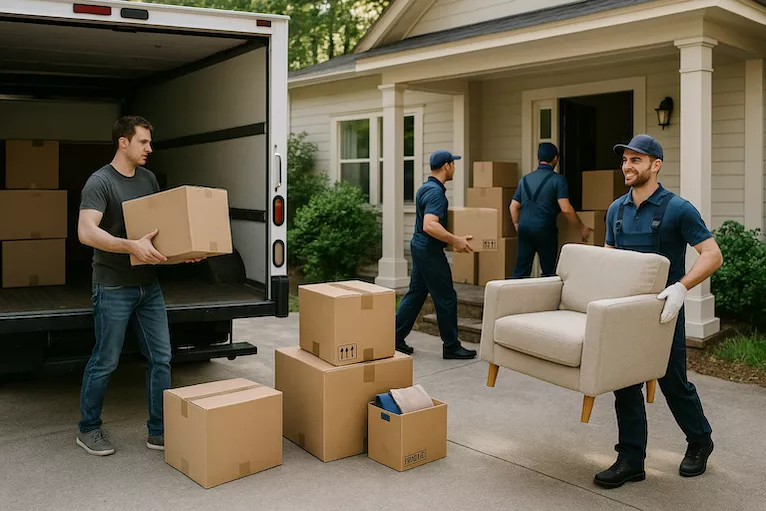 jämförande bild där en person lastar flyttkartonger i en egen hyrd flyttbil på ena sidan, och ett professionellt flyttteam från en flyttfirma bär in möbler och lådor på den andra sidan